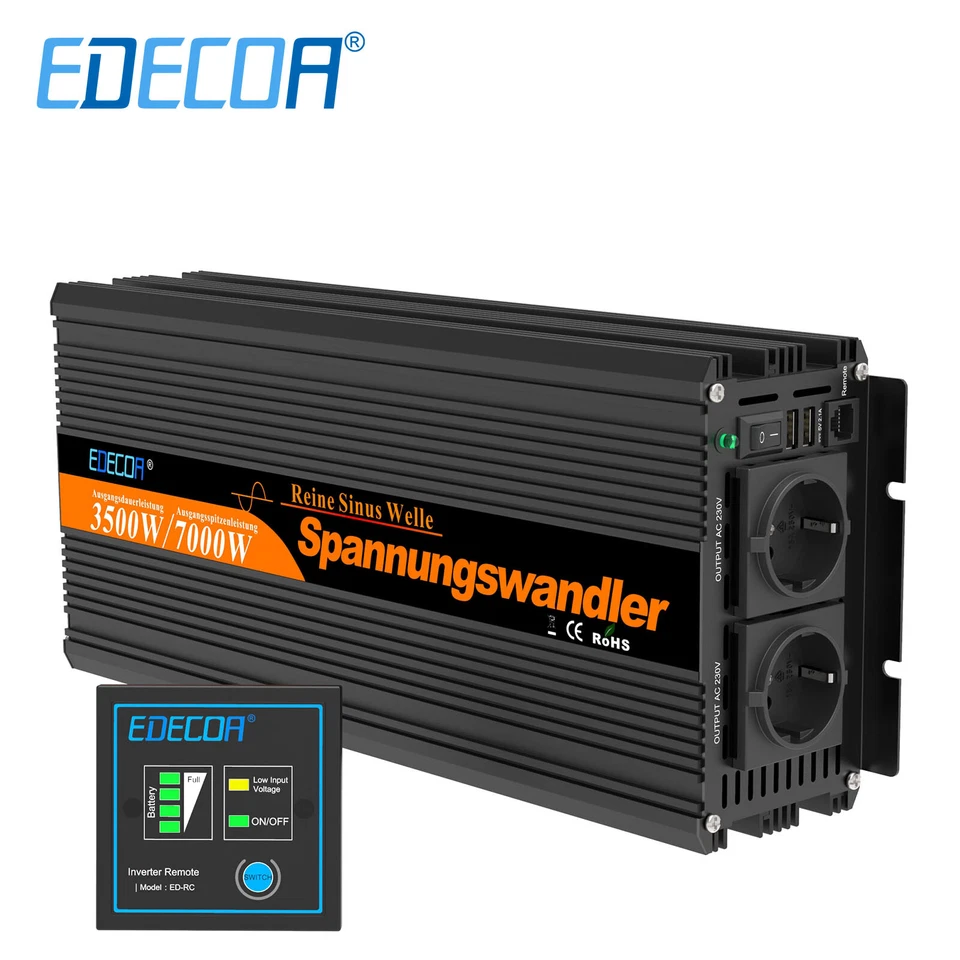 EDECOA 3500W Inversor Onda Pura 12V 220V Convertidor Transformator Camper - Imagen 2 de 4