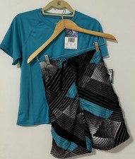NWT Kanu Boy s Multicolor Board Shorts 10/12 AND Aqua Rash Guard T-Shirt 10
