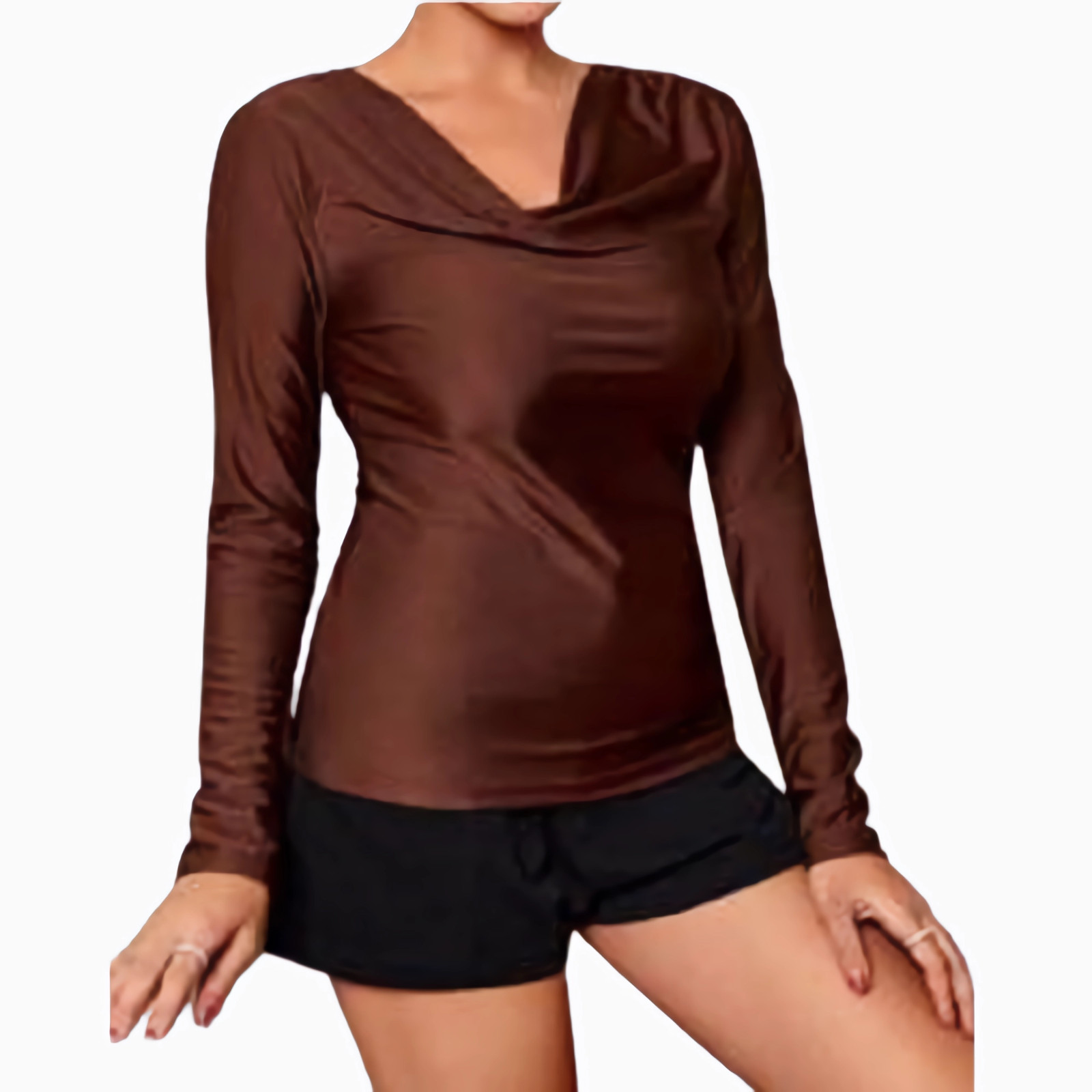 Camiseta Shein Escote Caído Tejido Elástico Mujer Marrón Drapeado Elegante