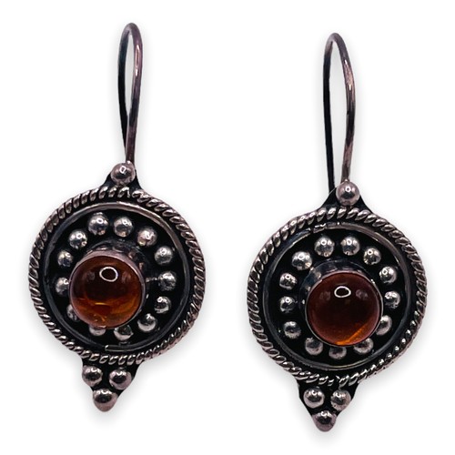 Baltic Amber Cognac Color 925 Sterling Silver Round Drop Hook Earrings -5733 - Picture 1 of 5