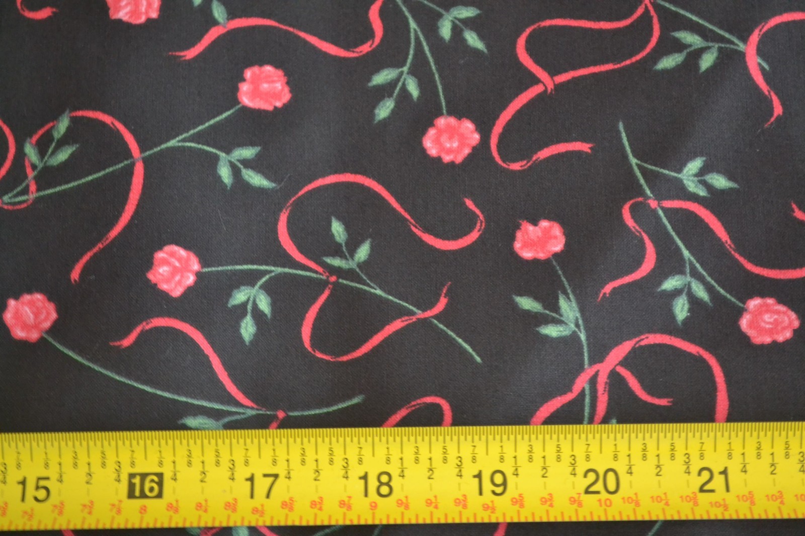 14" Long, Vintage, Red & Green Floral on Black Stiffer Cotton, N589