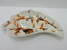 Vintage Ceramic Leaf Ashtray Drip-Glaze White Orange Brown – 9″