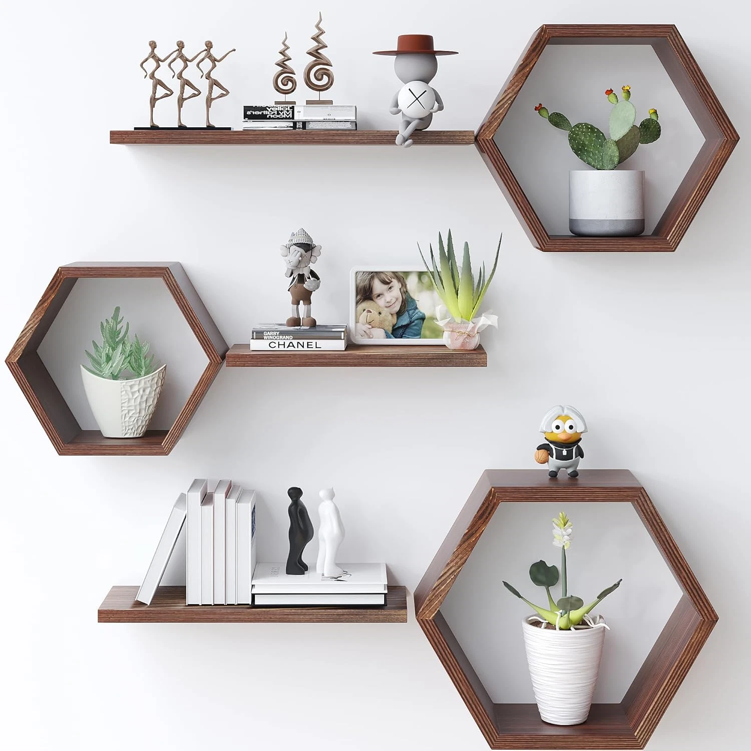 Set of 6 Rustic Wooden Hexagon Floating Shelves for Home Decor