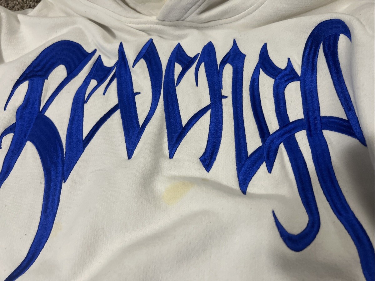 Revenge White/Blue Embroidered Hoodie - Size L, Pre-Owned +