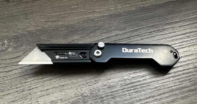 DURATECH Folding Utility Knife, Mini Box Cutter Button Lock Black w/ Black Clip