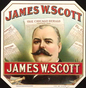 James W Scott Dapper Gent with Mustache Cigar Box Label 4.25x4.25"