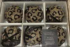 Rachel Zoe Leopard Print Beaded Velvet Black Gold Christmas Ornaments New In Box