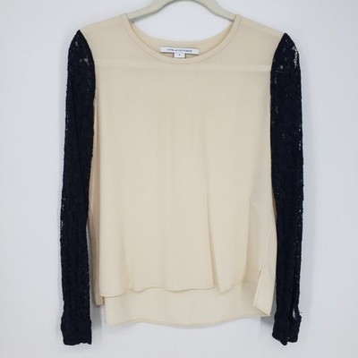 Diane Von Furstenberg Silk Louisa Lace Long Sleeve Blouse Top 8   Cream Black