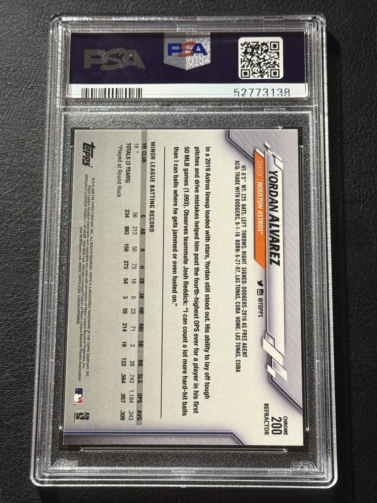 2020 Topps Chrome Yordan Alvarez REFRACTOR PSA 10 GEM MINT #200 Astros Rookie view 2