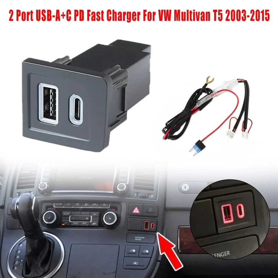 Kit de actualización de cargador rápido USB-C PD + USB-A QC para VW Multivan T5 2003-2015 2 puertos Foto 4 de 4