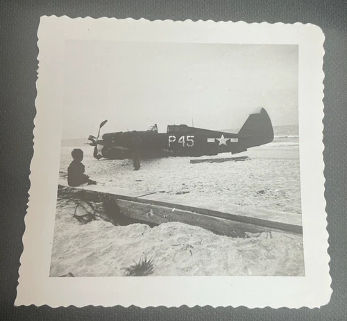 Vintage Snapshot Photo P-47 Thunderbolt Republic Fighter Airplane Beach WW2
