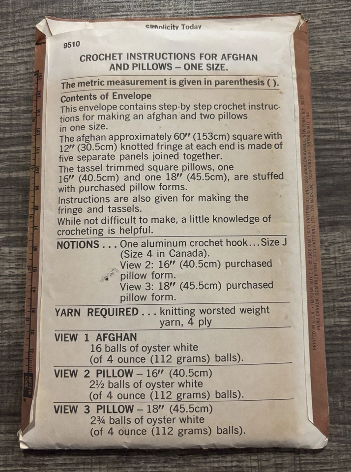 Simplicity Crochet Pattern # 9510, 1980 Afghan & Pillow Directions Instruction - Image 4 of 4