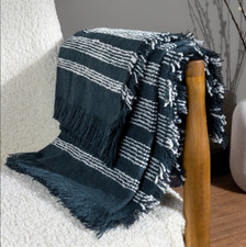 Image of Jour Woven Fringed Throw - Dusk Blue/Olive Green