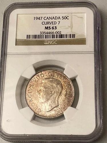 SCARCE 1947 CANADA 50c CURVED 7 SILVER COIN NGC MS 63