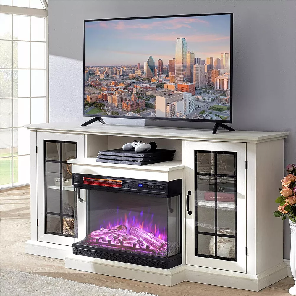Living Room 150cm White TV Stand with Electric Fireplace 3 Color fire LED Flame