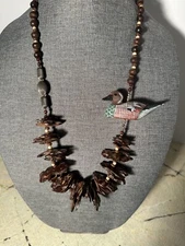 Vintage Wood Seed Silver Bead Hand Painted Necklace Mallard Duck