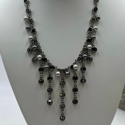Swarovski Signed Black Crystal and Gray Pearl Bib Statement Necklace - Picture 3 of 15