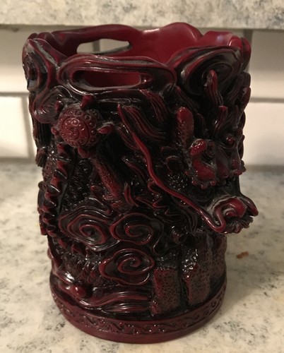 Vtg Chinese Carved Red Resin Zodiac Dragon Vase Cup Feng Shiite Very Details - Picture 2 of 12