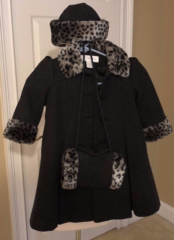 Vintage Girls 2T Marshall Fields dress coat, hat, muffler hand warmer leopard 