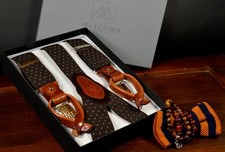 SUSPENDERS BROWN ELASTIC LEATHER WEDDING MEN HANDMADE SPAIN CLIP BUTTON T 18