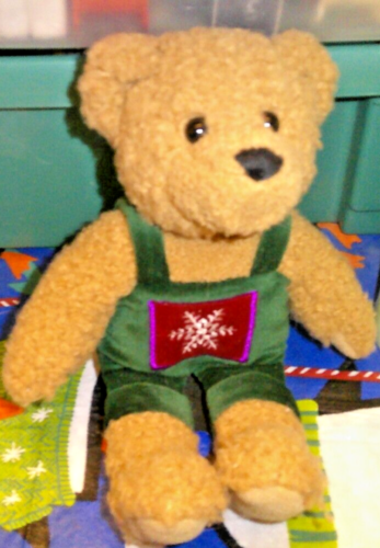 Vtintage HALLMARK Teddy Bear Plush Green Velvet Overalls w/ Snowflake - Afbeelding 1 van 1