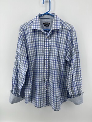 Bugatchi Long Sleeve Button Up Shirt Mens Size Large Blue White Check Fast Ship