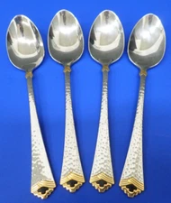 4 - Oneida TESORO BLACK Gold Accent Glossy Hammered Stainless 6 1/8" TEASPOONS