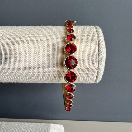 Givenchy Gold Tone Bangle Bracelet Red Crystals Signed Hinge Closure Round Stone - Picture 3 of 9