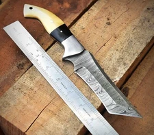 10” Real Damascus Fixed Blade Hunting Knife - Camel Bone Handle - Tanto Tracker