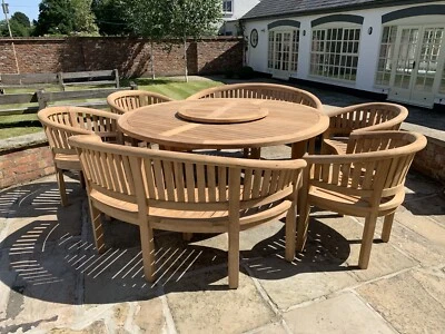 EDEN HOME AND GARDEN Wooden Dinning Teak 8 Seater Round Extra Thick Table Set With Lazie Suzie