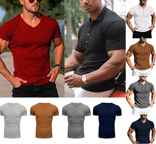 T-shirt à manches courtes décontracté pour hommes à col en V nervuré muscle extensible coupe mince - Photo 1 sur 36