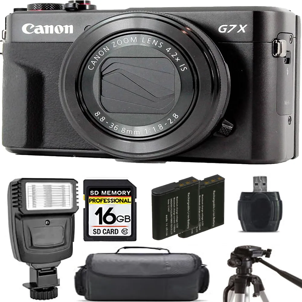 Canon PowerShot G7 X Mark II Camera + Extra Battery + Flash - 16GB