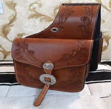 Beautiful Brown Genuine Leather Western Trail Tooling Carving Horse Saddle Bag.