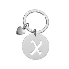 Initial Letter KeyChain, Disc Letter A-Z Heart Charm Keyring, Silver X 