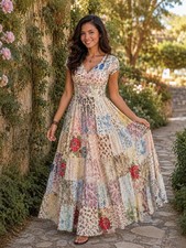 Patchwork Cotton Dress, Women Pretty Gown, Indian Party Dress, Long Wear Maxi