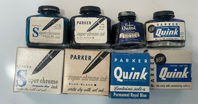 4 Vintage Parker Inks Superchrome Blue Black & Turquoise Quink Royal Blue W& Per