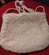 Carla Marchi White Iridescent Beaded Clutch Evening Wedding Handbag Cord Strap