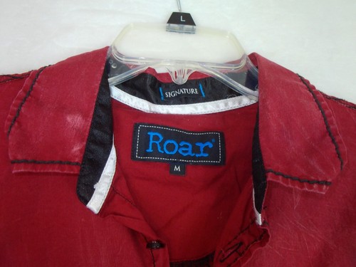 ROAR Signature Button Up Shirt Red Contrast Stitching Dyed Distressed Medium - Picture 4 of 10