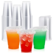  100 PACK 12 oz Clear Plastic Cups With Strawless Sip Lids, Disposable Plast...