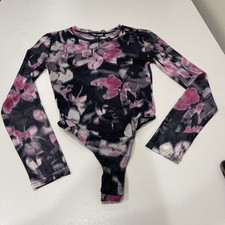 Steve Madden Azure Mesh Floral Print Crew Neck Long Sleeve Bodysuit S