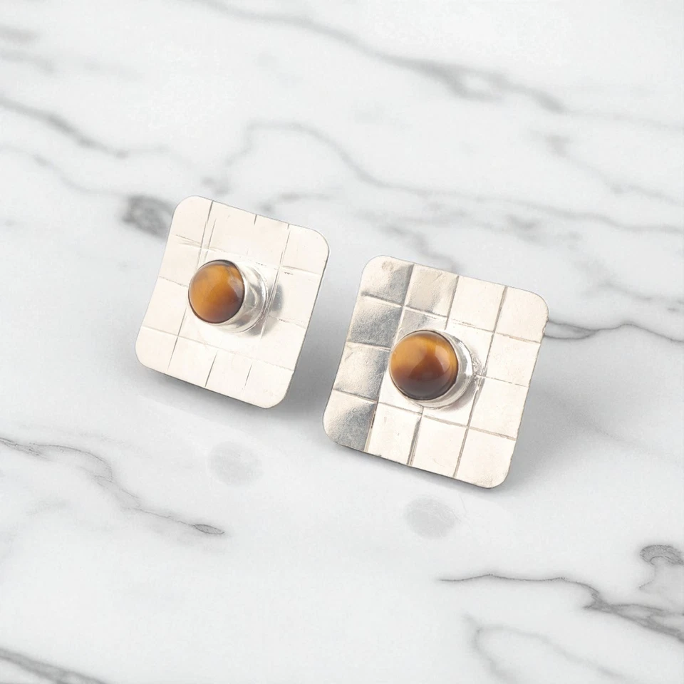 Pendientes de plata 925 con piedras preciosas de ojo de tigre amarillo natural hechos a mano joyería regalo Foto 4 de 4