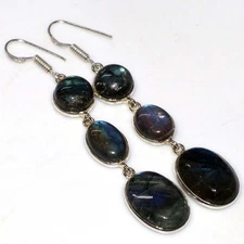 925 Silver Plated Long Fiery Labradorite Earrings Jewelry Size 2.8" GW