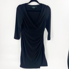 ✅ Lauren Ralph Lauren Surplice Bodycon Ruched Black Midi Sheath Dress Size 8