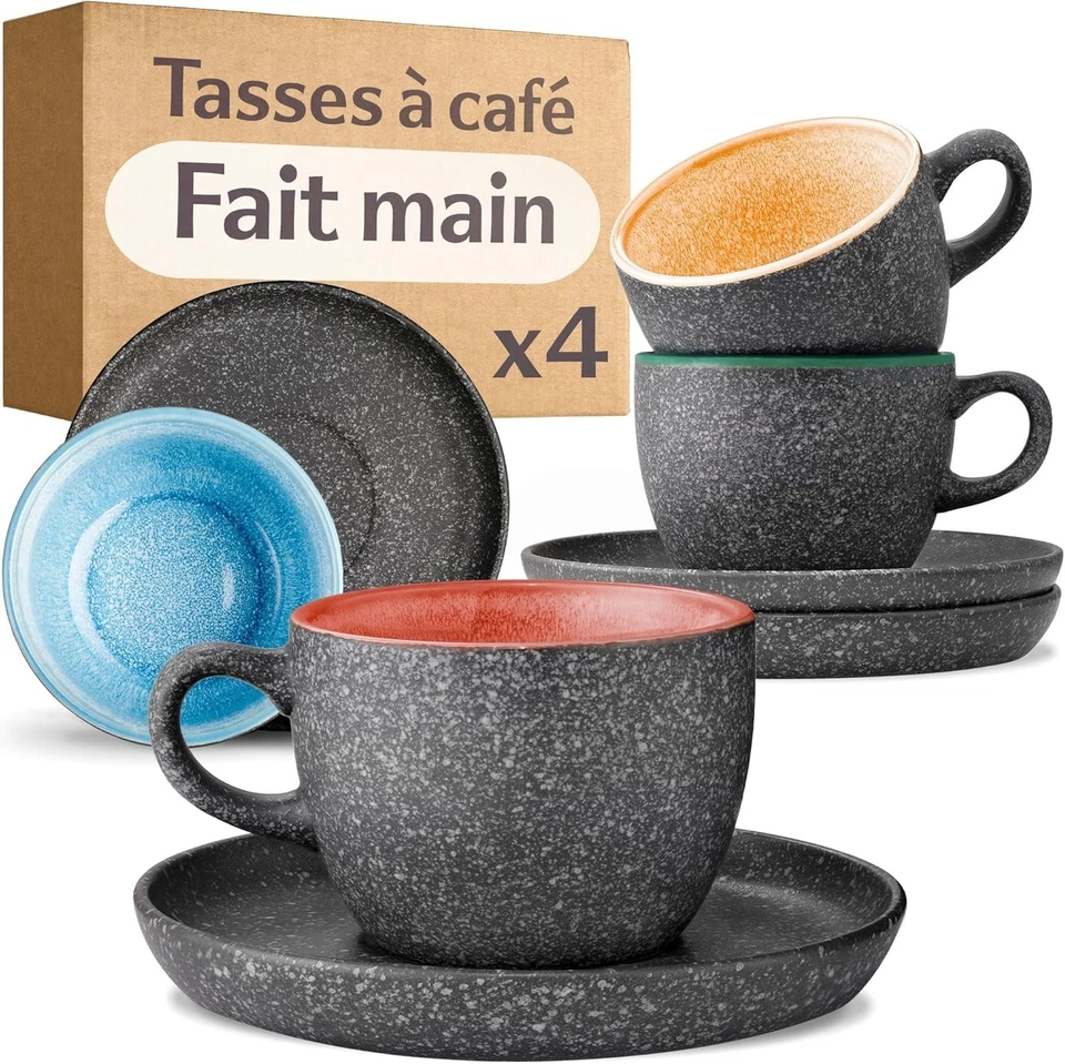 Cosumy Tasses à Cappuccino - Lot de 4 Tasses en Céramique avec Soucoupes - 200ml - Photo 1/4