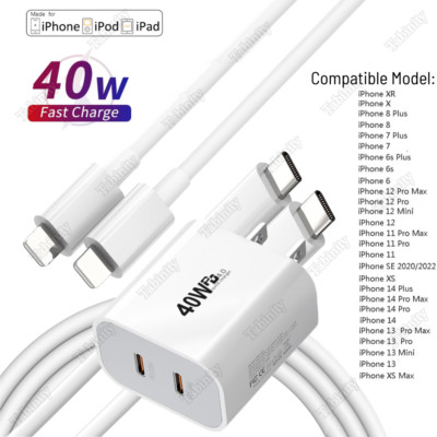 40W Dual Type C Power Adapter Fast Charger Cable For iPhone 14 13 12 11 XR X 8