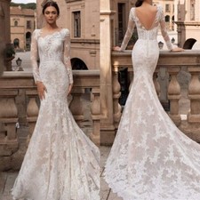 Elegant Mermaid Wedding Dresses Scoop Neck Backless Lace Appliques Bridal Gowns