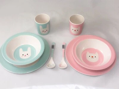 Rex London Melamin Hase Katze Becher Löffel Teller Schale rosa blau Geschirr