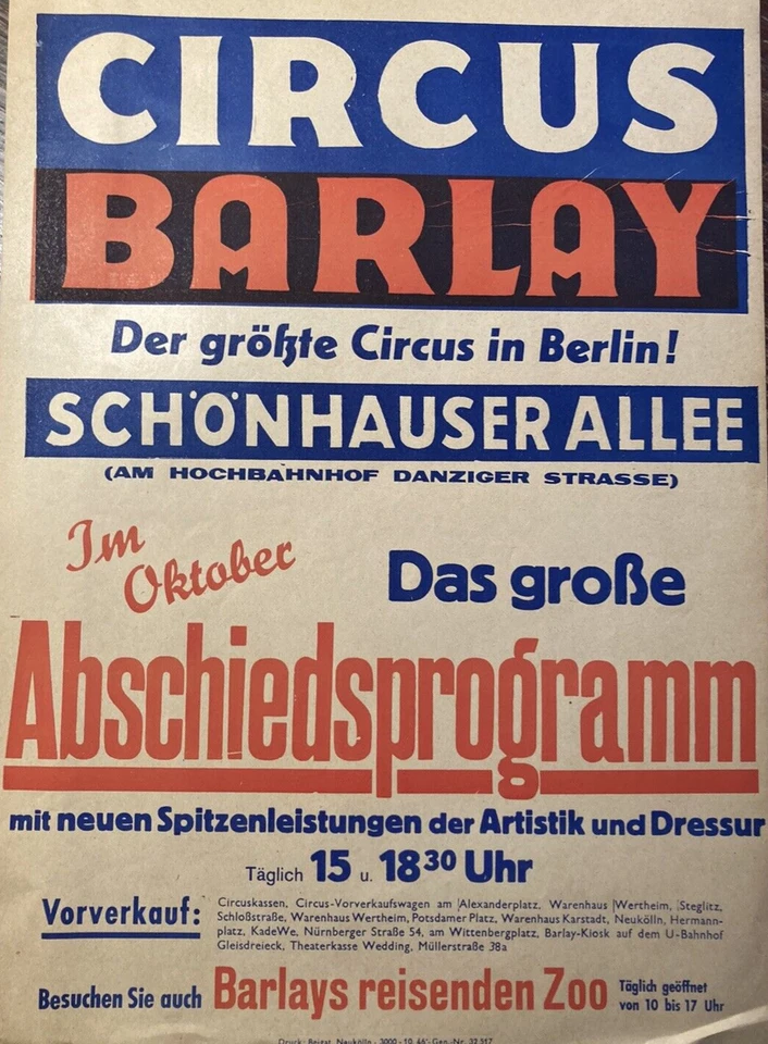 Werbung Plakat CIRCUS BARLAY Oktober 1946 Berlin TOP Zirkus Beigat Zoo Artistik - Bild 3 von 4