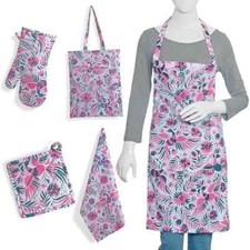 Kitchen Apron, Glove, Pot Holder, Kitchen Towel and Tote Bag Pink, Teal Bird