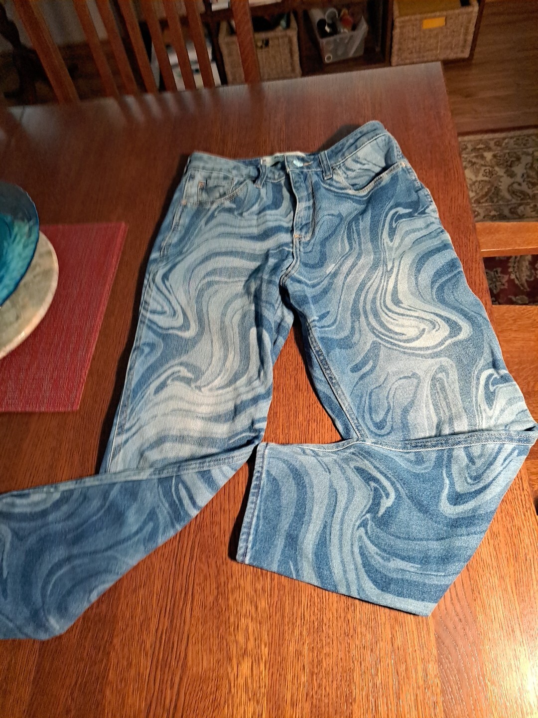 Hollister Curvy High-Rise Mom Jeans Stretch Blue Swirls Marble Wms W26 L27 Sz 3R-image